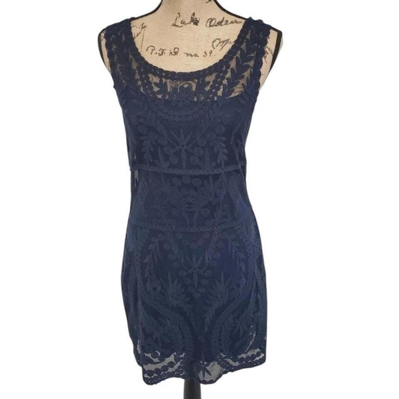 Express Lace Overlay Dress Sleeveless Party Cocktail Navy Blue Lined Size Small - Picture 1 of 6